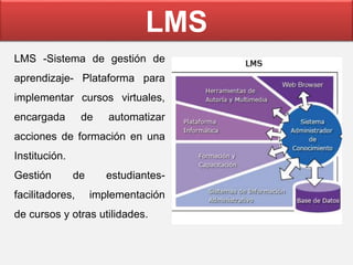 LMS
LMS -Sistema de gestión de
aprendizaje- Plataforma para
implementar cursos virtuales,
encargada de automatizar
acciones de formación en una
Institución.
Gestión de estudiantes-
facilitadores, implementación
de cursos y otras utilidades.
 