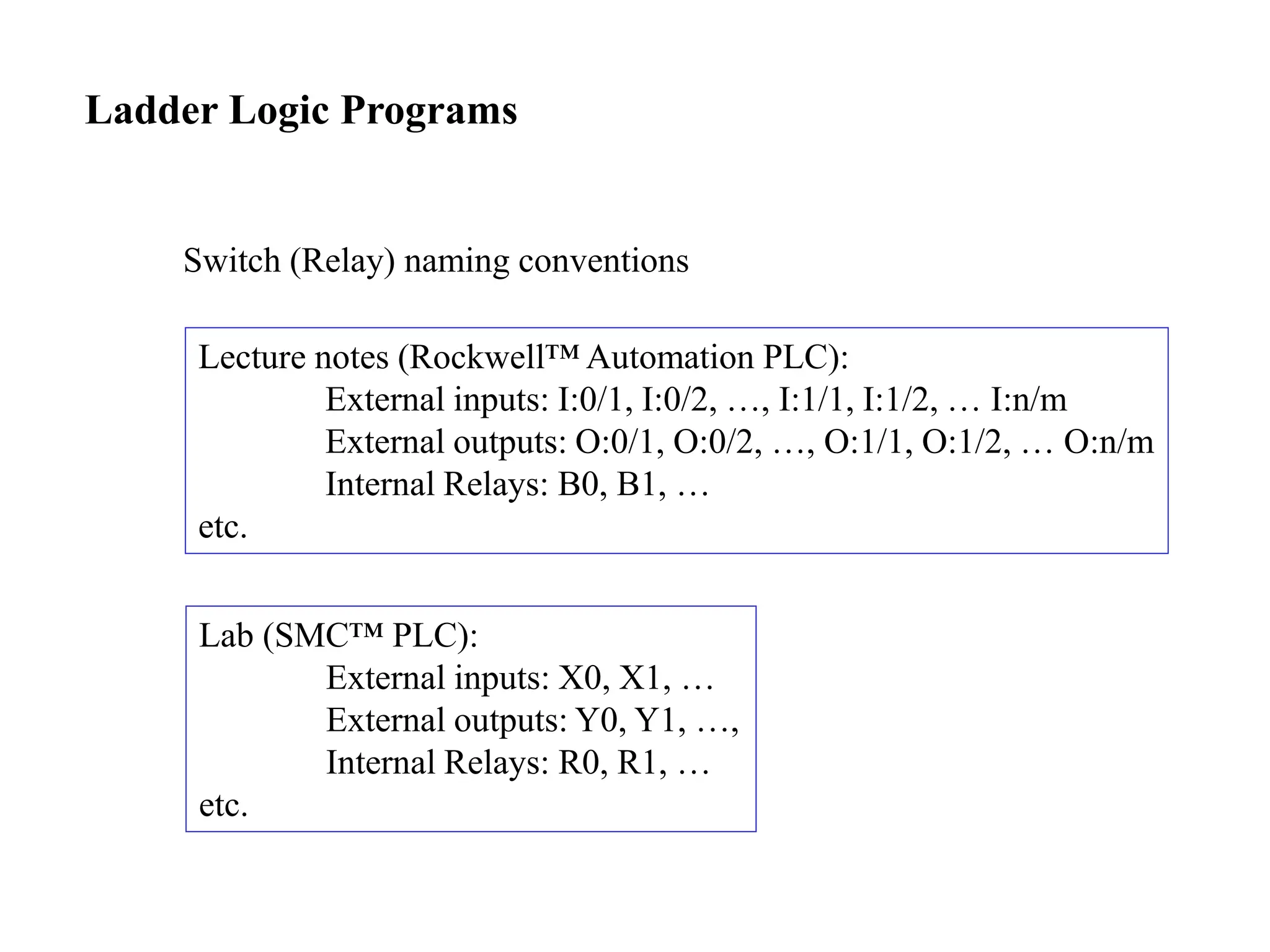 Ladder Logic Programs
Switch (Relay) naming conventions
Lecture notes (Rockwell™ Automation PLC):
External inputs: I:0/1, I:0/2, …, I:1/1, I:1/2, … I:n/m
External outputs: O:0/1, O:0/2, …, O:1/1, O:1/2, … O:n/m
Internal Relays: B0, B1, …
etc.
Lab (SMC™ PLC):
External inputs: X0, X1, …
External outputs: Y0, Y1, …,
Internal Relays: R0, R1, …
etc.
 