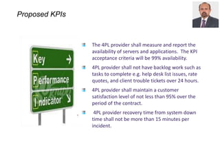 Proposed KPIs
The 4PL provider shall measure and report the
availability of servers and applications. The KPI
acceptance criteria will be 99% availability.
4PL provider shall not have backlog work such as
tasks to complete e.g. help desk list issues, rate
quotes, and client trouble tickets over 24 hours.
4PL provider shall maintain a customer
satisfaction level of not less than 95% over the
period of the contract.
4PL provider recovery time from system down
time shall not be more than 15 minutes per
incident.
 