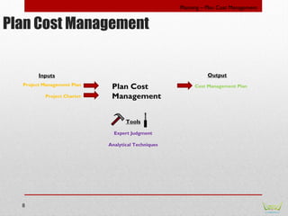 8
Project Management Plan
Project Charter
Cost Management Plan
Inputs Output
Tools
Planning – Plan Cost Management
Expert ...