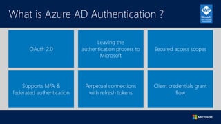 What is Azure AD Authentication ?
OAuth 2.0
Leaving the
authentication process to
Microsoft
Secured access scopes
Supports...