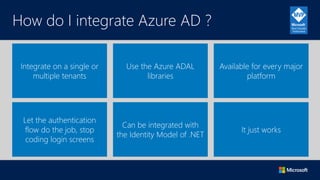 How do I integrate Azure AD ?
Integrate on a single or
multiple tenants
Use the Azure ADAL
libraries
Available for every m...