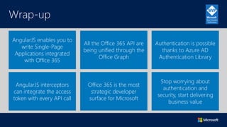 Wrap-up
AngularJS enables you to
write Single-Page
Applications integrated
with Office 365
Authentication is possible
than...