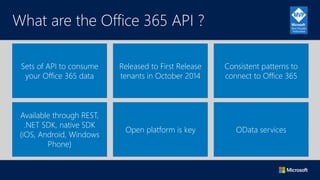 What are the Office 365 API ?
Sets of API to consume
your Office 365 data
Released to First Release
tenants in October 2014
Consistent patterns to
connect to Office 365
Available through REST,
.NET SDK, native SDK
(iOS, Android, Windows
Phone)
Open platform is key OData services
 