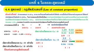 5
บทที่ 4 โมลและสูตรเคมี
ตัวอย่างโจทย์ : นาทองแดงมา 0.35 g มาละลายในกรดไนตริกแล้วทาให้แห้ง จากนั้นจึงนาไปเผาอย่างรุนแรงจะได้คอป
เปอร์(II)ออกไซด์หนัก 0.438 g ในการทดลองอีกวิธีหนึ่งโดยการนาคอปเปอร์(II)คาร์บอเนตจานวนหนึ่งมาเผาจนสลายตัว
หมดได้คอปเปอร์(II)ออกไซด์หนัก 1.62 g แล้วนาคอปเปอร์(II)ออกไซด์ไปเผาให้ร้อนจัดในบรรยากาศแก๊สไฮโดรเจนจะได้
ทองแดง 1.29 g จงแสดงว่าองค์ประกอบของคอปเปอร์(II)ออกไซด์เป็ นจริงตามกฎสัดส่วนคงที่
การทดลองวิธีที่ 2
มวล Cu 1.29 g
มวล O 1.62 – 1.29 = 0.33 g
Cu + O  คอปเปอร์(II)ออกไซด์
มวล Cu + มวล O = มวลสารประกอบ
อัตราส่วนโดยมวล Cu : O
1.29
0.33
:
0.33
0.33
เป
็ นจริงตามกฎสัดส่วนคงที่
3.9 : 1
อัตราส่วนโดยมวล Cu : O เท่ากับ 3.9 : 1
อัตราส่วนโดยโมล Cu : O
3.9
63.5
:
1
16
0.06 : 0.06
1 : 1
อัตราส่วนโดยโมล Cu : O เท่ากับ 1 : 1
4.4 สูตรเคมี : กฎสัดส่วนคงที่ (Law of constant proportion)
นาค่าที่น้อย
ที่สุดมาหาร
มวลอะตอม
 