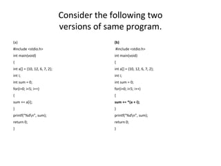 Consider the following two
versions of same program.
(a)
#include <stdio.h>
int main(void)
{
int a[] = {10, 12, 6, 7, 2};
int i;
int sum = 0;
for(i=0; i<5; i++)
{
sum += a[i];
}
printf(“%dn”, sum);
return 0;
}
(b)
#include <stdio.h>
int main(void)
{
int a[] = {10, 12, 6, 7, 2};
int i;
int sum = 0;
for(i=0; i<5; i++)
{
sum += *(a + i);
}
printf(“%dn”, sum);
return 0;
}
 