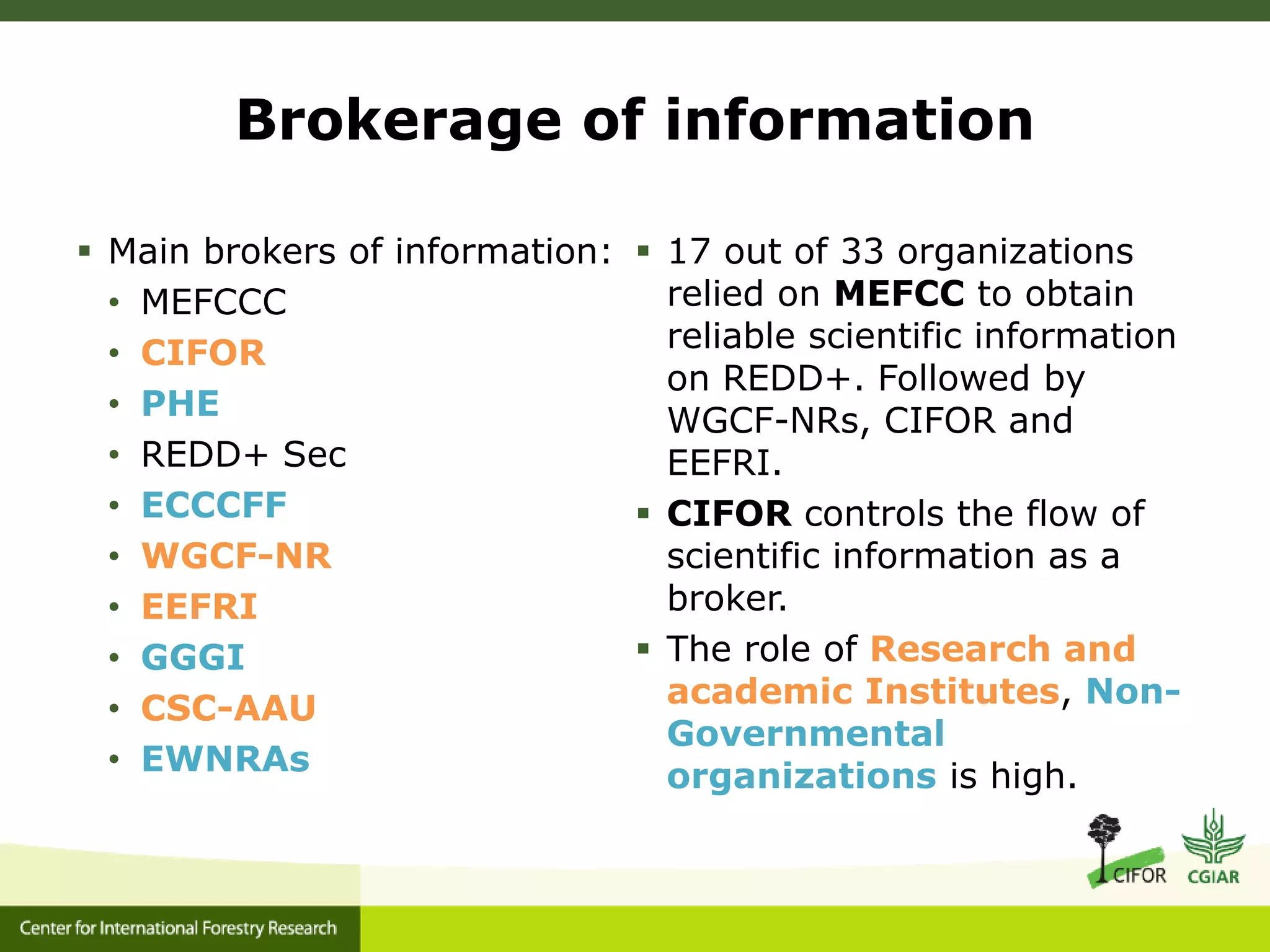Brokerage of information
 Main brokers of information:
• MEFCCC
• CIFOR
• PHE
• REDD+ Sec
• ECCCFF
• WGCF-NR
• EEFRI
• GGGI
• CSC-AAU
• EWNRAs
 17 out of 33 organizations
relied on MEFCC to obtain
reliable scientific information
on REDD+. Followed by
WGCF-NRs, CIFOR and
EEFRI.
 CIFOR controls the flow of
scientific information as a
broker.
 The role of Research and
academic Institutes, Non-
Governmental
organizations is high.
 