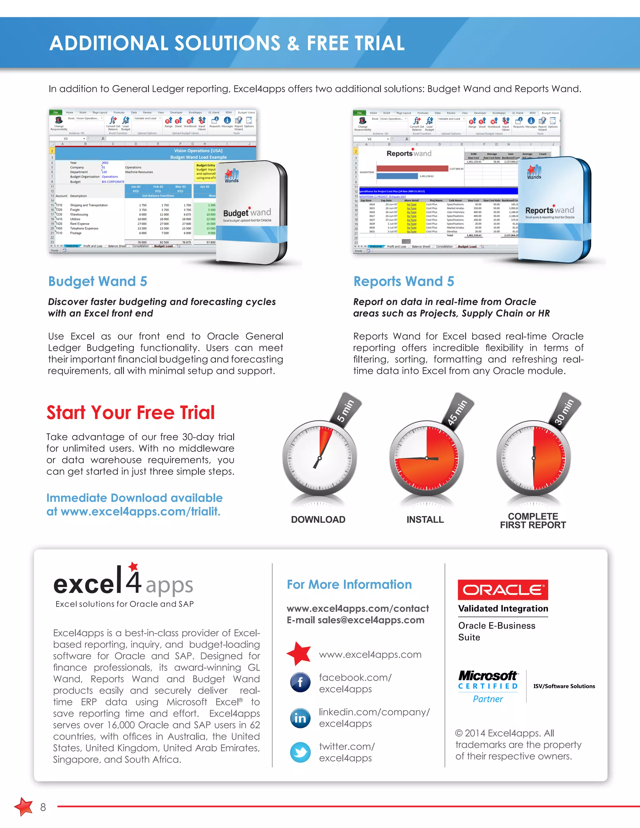 © 2014 Excel4apps. All
trademarks are the property
of their respective owners.
Excel4apps is a best-in-class provider of Excel-
based reporting, inquiry, and  budget-loading
software for Oracle and SAP. Designed for
finance professionals, its award-winning GL
Wand, Reports Wand and Budget Wand
products easily and securely deliver   real-
time ERP data using Microsoft Excel®
to
save reporting time and effort.   Excel4apps
serves over 16,000 Oracle and SAP users in 62
countries, with offices in Australia, the United
States, United Kingdom, United Arab Emirates,
Singapore, and South Africa.
For More Information
www.excel4apps.com/contact
E-mail sales@excel4apps.com
www.excel4apps.com
facebook.com/
excel4apps
            
linkedin.com/company/
excel4apps
twitter.com/	
excel4apps
DOWNLOAD INSTALL COMPLETE
FIRST REPORT
Start Your Free Trial
Take advantage of our free 30-day trial
for unlimited users. With no middleware
or data warehouse requirements, you
can get started in just three simple steps.  
	
Immediate Download available
at www.excel4apps.com/trialit.
In addition to General Ledger reporting, Excel4apps offers two additional solutions: Budget Wand and Reports Wand.
Budget Wand 5
Discover faster budgeting and forecasting cycles
with an Excel front end
Use Excel as our front end to Oracle General
Ledger Budgeting functionality. Users can meet
their important financial budgeting and forecasting
requirements, all with minimal setup and support.
ADDITIONAL SOLUTIONS & FREE TRIAL
8
Reports Wand 5
Report on data in real-time from Oracle
areas such as Projects, Supply Chain or HR
Reports Wand for Excel based real-time Oracle
reporting offers incredible flexibility in terms of	
filtering, sorting, formatting and refreshing real-
time data into Excel from any Oracle module.
 