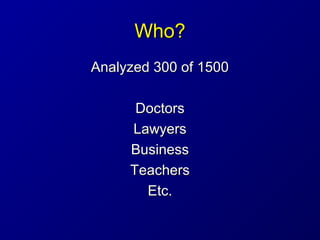 Who?Who?
Analyzed 300 of 1500Analyzed 300 of 1500
DoctorsDoctors
LawyersLawyers
BusinessBusiness
TeachersTeachers
Etc.Etc.
 