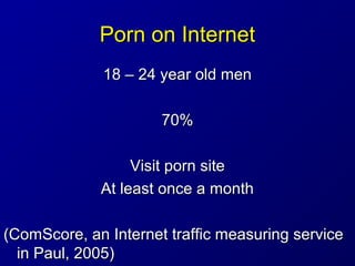 Porn on InternetPorn on Internet
18 – 24 year old men18 – 24 year old men
70%70%
Visit porn siteVisit porn site
At least o...