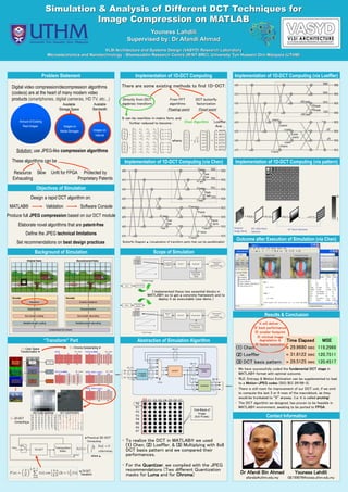 Poster template by ResearchPosters.co.za
Time Elapsed
 29.9680 sec
 31.8122 sec
 29.5125 sec
Simulation & Analysis of Different DCT Techniques for
Image Compression on MATLAB
Youness Lahdili
Supervised by: Dr Afandi Ahmad
VLSI Architecture and Systems Design (VASYD) Research Laboratory
Microelectronics and Nanotechnology - Shamsuddin Research Centre (MiNT-SRC), University Tun Hussein Onn Malaysia (UTHM)
Problem Statement
Digital video compression/decompression algorithms
(codecs) are at the heart of many modern video
products (smartphones, digital cameras, HD TV, etc...)
Objectives of Simulation
“Transform” Part
Implementation of 1D-DCT Computing
Implementation of 1D-DCT Computing (via Chen)
Scope of Simulation
Implementation of 1D-DCT Computing (via Loeffler)
Results & Conclusion
Contact Information
Available
Storage Space
Available
Bandwidth
Images on
Internet
Images on
Media Storages
Amount of Existing
Real Images
Solution: use JPEG-like compression algorithms
These algorithms can be
Resource
Exhausting
Unfit for FPGA Protected by
Proprietary Patents
Slow
Design a rapid DCT algorithm on:
MATLAB® Validation Software Console
Set recommendations on best design practices
Elaborate novel algorithms that are patent-free
Define the JPEG technical limitations
Produce full JPEG compression based on our DCT module
Background of Simulation
1 – Color Space
Transformation 
2 – Chroma Subsampling 
3 – 2D-DCT
Computing 
where 
 1D-DCT
Transform
 Practical 2D-DCT
Computing
There are some existing methods to find 1D-DCT:
Directly from DCT
algebraic transform
DCT butterfly
factorization
Fixed-point
From FFT
algorithms
Floating-point
Loeffler,
Arai ...
Chen Algorithm
where:
It can be rewritten in matrix form, and
further reduced to become :
Butterfly Diagram  (visualization of transform parts that can be parallelizable)
I implemented these two essential blocks in
MATLAB® so to get a concrete framework and to
deploy it as executable (see demo..)
Abstraction of Simulation Algorithm
• To realize the DCT in MATLAB® we used
(1) Chen, (2) Loeffler, & (3) Multiplying with 8x8
DCT basis pattern and we compared their
performances.
• For the Quantizer, we complied with the JPEG
recommendations (Two different Quantization
masks for Luma and for Chroma)
Implementation of 1D-DCT Computing (via pattern)
Outcome after Execution of Simulation (via Chen)
(1) Chen
(2) Loeffler
(3) DCT basis pattern
• We have successfully coded the fundamental DCT stage in
MATLAB® format with optimal outcome.
• RLE, Entropy & Motion Estimation can be supplemented to lead
to a Motion-JPEG codec (ISO/IEC 29199-3).
• There is still room for improvement of our DCT unit, if we omit
to compute the last 3 or 4 rows of the macroblock, as they
would be trunkated to “0” anyway. (i.e: it is called pruning)
• The DCT algorithm we designed, has proven to be feasible in
MATLAB® environment, awaiting to be ported to FPGA.
it will deliver :
※ best performance
※ smaller footprint
※ minimal image
degradation &
※ faster execution
Time Elapsed MSE
119.2969
120.7511
120.4517
Dr Afandi Bin Ahmad
afandia@uthm.edu.my
Youness Lahdili
GE150076@siswa.uthm.edu.my
 