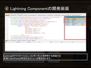 ④ Lightning Componentの開発画面 
Lightningのアプリケーション、コンポーネントを開発する画面では 右側にWorkPanelと呼ばれるメニューが表示されます。  