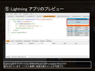 ⑤ Lightning アプリのプレビュー 
LightningのアプリケーションのWorkPanelにはPreviewというリンクが 
表示されています。ここから実際に画面を動かすことが可能です。  