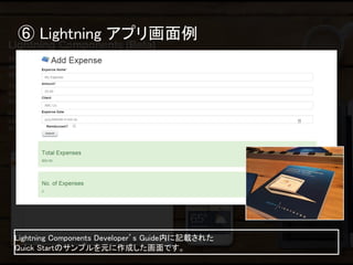 ⑥ Lightning アプリ画面例 
Lightning Components Developer’s Guide内に記載された 
Quick Startのサンプルを元に作成した画面です。  