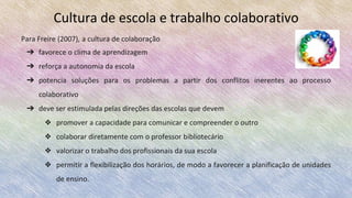 Cultura de escola e trabalho colaborativo
Para Freire (2007), a cultura de colaboração
➔ favorece o clima de aprendizagem
➔ reforça a autonomia da escola
➔ potencia soluções para os problemas a partir dos conflitos inerentes ao processo
colaborativo
➔ deve ser estimulada pelas direções das escolas que devem
❖ promover a capacidade para comunicar e compreender o outro
❖ colaborar diretamente com o professor bibliotecário
❖ valorizar o trabalho dos profissionais da sua escola
❖ permitir a flexibilização dos horários, de modo a favorecer a planificação de unidades
de ensino.
 