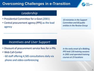 Overcoming Challenges in e-Transition

                 Leadership
• Presidential Committee for e-Govt.(2001)           10...