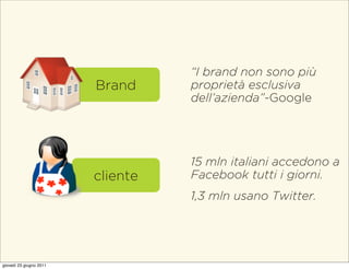 Indice

                                   “I brand non sono più
                         Brand     proprietà esclusiva
                                   dell’azienda”-Google




                                   15 mln italiani accedono a
                         cliente   Facebook tutti i giorni.
                                   1,3 mln usano Twitter.




giovedì 23 giugno 2011
 