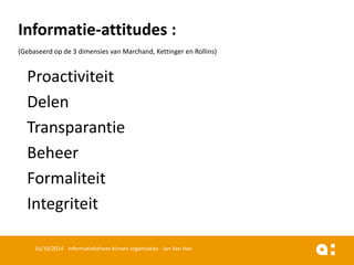 Informatie-attitudes : 
(Gebaseerdop de 3 dimensiesvan Marchand, Kettingeren Rollins) 
Proactiviteit 
Delen 
Transparantie 
Beheer 
Formaliteit 
Integriteit 
16/10/2014 Informatiebeheer binnen organisaties - Jan Van Hee 
 