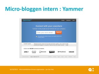 16/10/2014 Informatiebeheer binnen organisaties - Jan Van Hee 
Micro-bloggen intern : Yammer  