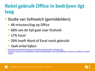 Studie van Softwatch(gemiddelden): 
48 minuten/dag op Office 
68% van de tijd gaat naar Outlook 
17% Excel 
29% heeft Word of Excel nooit gebruikt 
Vaak enkel kijken 
http://www.smartbiz.be/smartbusiness/155397/reeel-gebruik-office-in-bedrijven-ligt- laag/?utm_source=sm_sbs_weekly&utm_medium=newsletter&utm_term=20140507&utm_content=0_art_list&utm_campaign=weekly 
16/10/2014 Informatiebeheer 53 binnen organisaties - Jan Van Hee 
Reëel gebruik Office in bedrijven ligt laag  