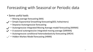 Forecasting with Seasonal or Periodic data
• Some useful tools
• Moving average forecasting (MA)
• Simple Exponential Smoothing forecasting(SES; holtwinters)
• Stepwise Autoregressive forecasting
• Autoregressive Integrated Moving Average model forecasting (ARIMA)
• A seasonal autoregressive integrated moving average (SARIMA)
• Autoregressive conditional heteroskedasticity forecasting (ARCH)
• Hidden Markov Model forecasting (HMM)
21
 