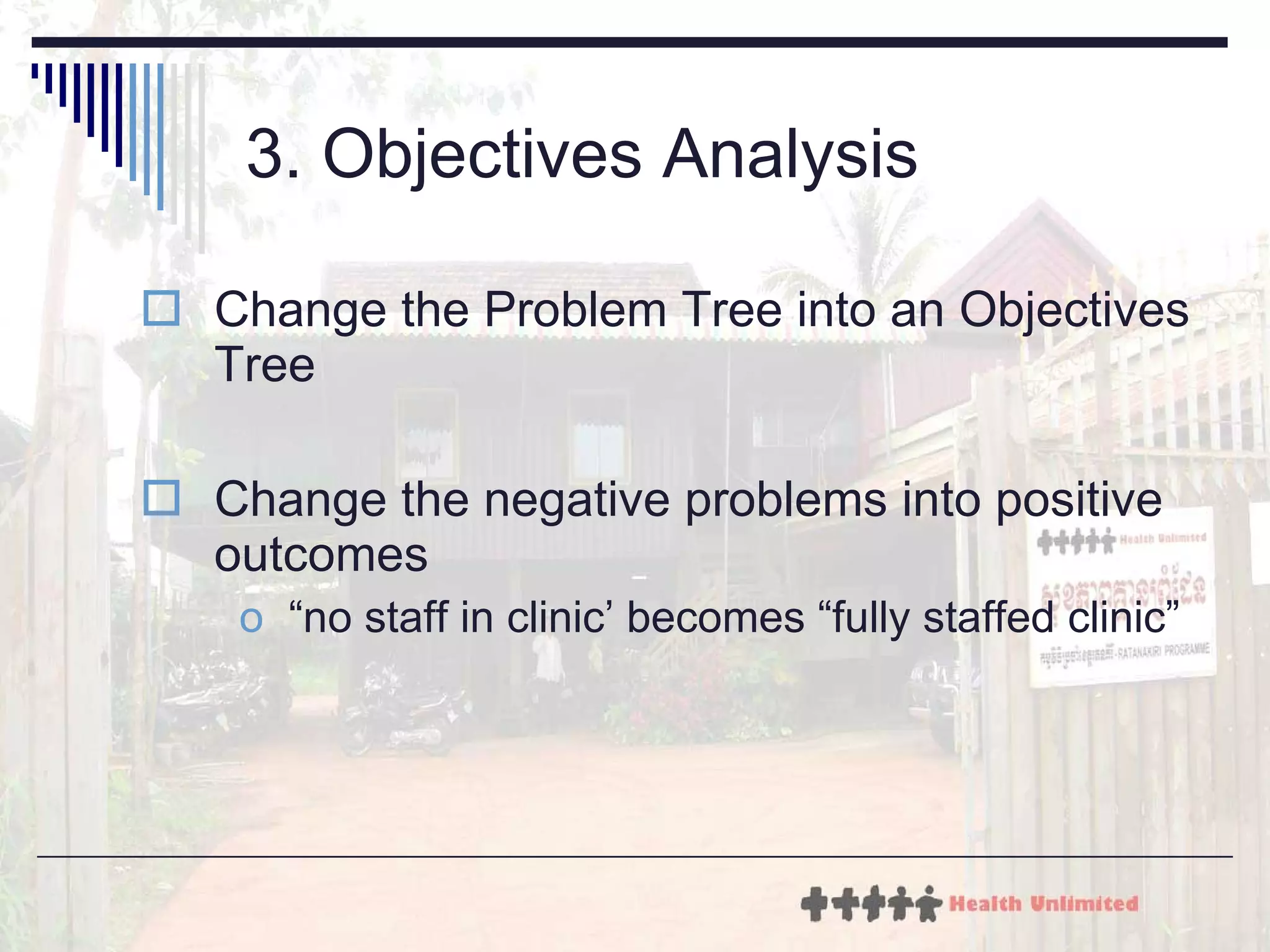 3. Objectives Analysis Change the Problem Tree into an Objectives Tree Change the negative problems into positive outcomes “ no staff in clinic’ becomes “fully staffed clinic” 