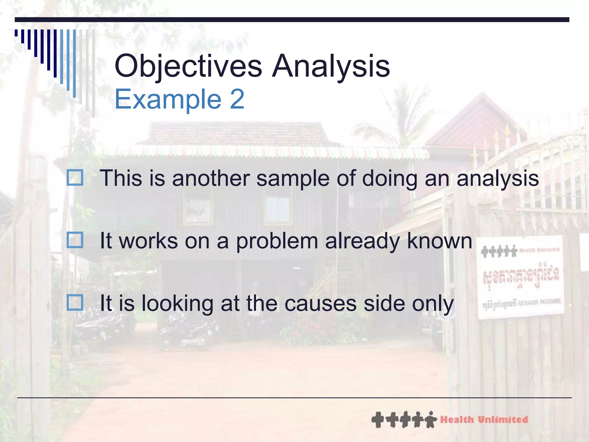 This is another sample of doing an analysis It works on a problem already known It is looking at the causes side only Objectives Analysis  Example 2 