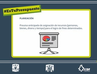 PLANEACIÓN
Proceso anticipado de asignación de recursos (personas,
bienes, dinero y tiempo) para el logro de fines determinados.
 