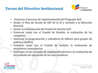 Tareas del Directivo Institucional
• Instaurar el proceso de implementación del Programa EeF.
• Avalar el Plan de Acción de EeF de la IE y enviarlo a la Dirección
Distrital.
• Avalar la conformación del Comité de Gestión EeF.
• Convocar junto con el Comité de Gestión, la realización de las
campañas.
• Autorizar la programación y calendario de talleres para grupos de
padres y madres.
• Convocar junto con el Comité de Gestión, la realización de
encuentros comunitarios.
• Participar en las jornadas de seguimiento previas a la realización de
los módulos de aplicación de los ejes temáticos.
 
