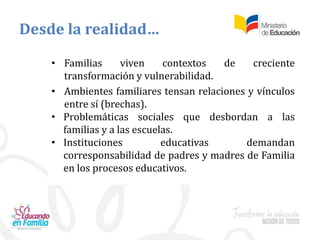 • Familias viven contextos de creciente
transformación y vulnerabilidad.
• Ambientes familiares tensan relaciones y vínculos
entre sí (brechas).
• Problemáticas sociales que desbordan a las
familias y a las escuelas.
• Instituciones educativas demandan
corresponsabilidad de padres y madres de Familia
en los procesos educativos.
Desde la realidad…
 