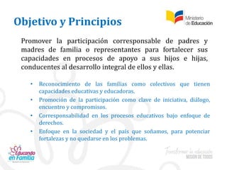Objetivo y Principios
Promover la participación corresponsable de padres y
madres de familia o representantes para fortalecer sus
capacidades en procesos de apoyo a sus hijos e hijas,
conducentes al desarrollo integral de ellos y ellas.
• Reconocimiento de las familias como colectivos que tienen
capacidades educativas y educadoras.
• Promoción de la participación como clave de iniciativa, diálogo,
encuentro y compromisos.
• Corresponsabilidad en los procesos educativos bajo enfoque de
derechos.
• Enfoque en la sociedad y el país que soñamos, para potenciar
fortalezas y no quedarse en los problemas.
 