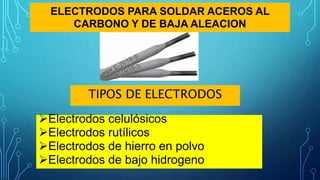 ELECTRODOS PARA SOLDAR ACEROS AL
CARBONO Y DE BAJA ALEACION
TIPOS DE ELECTRODOS
Electrodos celulósicos
Electrodos rutílicos
Electrodos de hierro en polvo
Electrodos de bajo hidrogeno
 