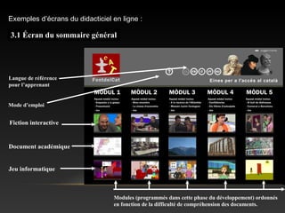 Langue de référence
pour l’apprenant
Fiction interactive
Document académique
Jeu informatique
Mode d’emploi
Modules (programmés dans cette phase du développement) ordonnés
en fonction de la difficulté de compréhension des documents.
3.1 Écran du sommaire général
Exemples d’écrans du didacticiel en ligne :
 
