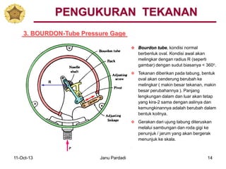 11-Oct-13 Janu Pardadi 14
3. BOURDON-Tube Pressure Gage
PENGUKURAN TEKANAN
R
 Bourdon tube, kondisi normal
berbentuk oval. Kondisi awal akan
melingkar dengan radius R (seperti
gambar) dengan sudut biasanya < 360o.
 Tekanan diberikan pada tabung, bentuk
oval akan cenderung berubah ke
melingkar ( makin besar tekanan, makin
besar perubahannya ). Panjang
lengkungan dalam dan luar akan tetap
yang kira-2 sama dengan aslinya dan
kemungkinannya adalah berubah dalam
bentuk koilnya.
 Gerakan dari ujung tabung diteruskan
melalui sambungan dan roda gigi ke
penunjuk / jarum yang akan bergerak
menunjuk ke skala.
 