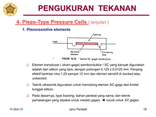 11-Oct-13 Janu Pardadi 16
4. Piezo-Type Pressure Cells ( lanjutan )
PENGUKURAN TEKANAN
1. Piezoresistive elements
 Elemen transduser ( strain-gage) semikonduktor / SC yang banyak digunakan
adalah dari silikon yang tipis, dengan potongan 0,125 x 0,0125 mm. Panjang
efektif berkisar ntra 1,25 sampai 12 mm dan elemen sensitif di backed atau
unbacked.
 Teknik ultrasonik digunakan untuk memotong elemen SC-gage dari kristal
tunggal silikon.
 Pada dasarnya, type backing, bahan perekat yang sama, dan teknik
pemasangan yang dipakai untuk metalic gages  cocok untuk SC gages
 