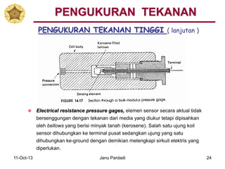 11-Oct-13 Janu Pardadi 24
PENGUKURAN TEKANAN TINGGI ( lanjutan )
PENGUKURAN TEKANAN
 Electrical resistance pressure gages, elemen sensor secara aktual tidak
bersenggungan dengan tekanan dari media yang diukur tetapi dipisahkan
oleh bellows yang berisi minyak tanah (kerosene). Salah satu ujung koil
sensor dihubungkan ke terminal pusat sedangkan ujung yang satu
dihubungkan ke-ground dengan demikian melengkapi sirkuit elektris yang
diperlukan.
 