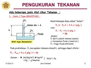 11-Oct-13 Janu Pardadi 5
Ada beberapa jenis Alat Ukur Tekanan :
1. Jenis / Type GRAVITASI :
P2
P1
Kolom dia = A
h
Fluida
Well-type Manometer
Kesetimbangan Gaya dalam “kolom” :
P1.A – P2.A = A.h.r ( g/gc )
atau
P1 – P2 = h.r ( g/gc )
= Dp
dengan :
P1 dan P2 adalah tekanan absolut
r= kerapatan fluida ( mass/vol )
h = tinggi fluida dlm.kolom
Pada prakteknya : P2 merupakan tekanan atmosfir, sehingga dapat ditulis :
P1 – Patm = h.r ( g/gc ) = Dp
Satuan :  (m).(kg/m3)  kg/m2
1 kg = g Newton
N/m2 = Pa
PENGUKURAN TEKANAN
 