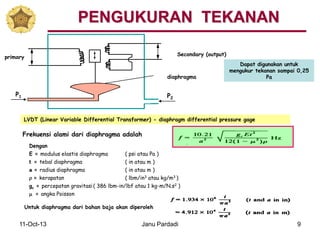 11-Oct-13 Janu Pardadi 9
LVDT (Linear Variable Differential Transformer) - diaphragm differential pressure gage
Dapat digunakan untuk
mengukur tekanan sampai 0,25
Pa
Frekuensi alami dari diaphragma adalah
Dengan
E = modulus elastis diaphragma ( psi atau Pa )
t = tebal diaphragma ( in atau m )
a = radius diaphragma ( in atau m )
r = kerapatan ( lbm/in3 atau kg/m3 )
gc = percepatan gravitasi( 386 lbm-in/lbf atau 1 kg-m/N.s2 )
m = angka Poisson
Untuk diaphragma dari bahan baja akan diperoleh
Secondary (output)
diaphragma
primary
P1 P2
PENGUKURAN TEKANAN
 