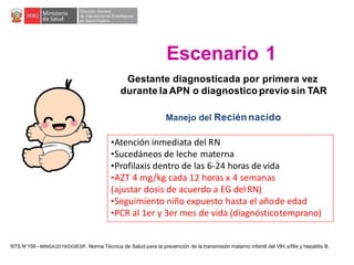 Gestante diagnosticada por primera vez
durante la APN o diagnostico previo sin TAR
Manejo del Reciénnacido
Escenario 1
•Atención inmediata del RN
•Sucedáneos de leche materna
•Profilaxis dentro de las 6-24 horas de vida
•AZT 4 mg/kg cada 12 horas x 4 semanas
(ajustar dosis de acuerdo a EG delRN)
•Seguimiento niño expuesto hasta el añode edad
•PCR al 1er y 3er mes de vida (diagnósticotemprano)
NTS N°159 - MINSA/2019/DGIESP. Norma Técnica de Salud para la prevención de la transmisión materno infantil del VIH, sífilis y hepatitis B.
 