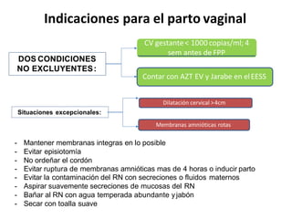 Indicaciones para el parto vaginal
DOS CONDICIONES
NO EXCLUYENTES:
CV gestante< 1000 copias/ml; 4
sem antes de FPP
Contar con AZT EV y Jarabe en elEESS
- Mantener membranas integras en lo posible
- Evitar episiotomía
- No ordeñar el cordón
- Evitar ruptura de membranas amnióticas mas de 4 horas o inducir parto
- Evitar la contaminación del RN con secreciones o fluidos maternos
- Aspirar suavemente secreciones de mucosas del RN
- Bañar al RN con agua temperada abundante yjabón
- Secar con toalla suave
Situaciones excepcionales:
Dilatación cervical >4cm
Membranas amnióticas rotas
 