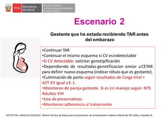 Gestante que ha estado recibiendo TAR antes
del embarazo
•Continuar TAR
•Continuar el mismo esquema si CV esindetectable
•Si CV detectable: solicitar genotipificación
•Dependiendo de resultados genotificacion enviar aCETAR
para definir nuevo esquema (indicar rótulo que es gestante).
•Culminación de parto según resultados de Carga Viral +
AZT EV igual aE-1.
•Monitoreo de pareja gestante. Si es (+) manejo según NTS
Adultos VIH
•Uso de preservativos
•Monitoreo adherencia al tratamiento
Escenario 2
NTS N°159 - MINSA/2019/DGIESP. Norma Técnica de Salud para la prevención de la transmisión materno infantil del VIH, sífilis y hepatitis B.
 