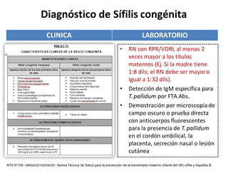 CLINICA LABORATORIO
Diagnóstico de Sífilis congénita
• RN con RPR/VDRL al menos 2
veces mayor a los títulos
maternos (Ej. Si la madre tiene
1:8 dils; el RN debe ser mayoro
igual a 1:32dils).
• Detección de IgM específica para
T.pallidum por FTA Abs.
• Demostración por microscopíade
campo oscuro o prueba directa
con anticuerpos fluorescentes
para la presencia de T.pallidum
en el cordón umbilical, la
placenta, secreción nasal o lesión
cutánea
NTS N°159 - MINSA/2019/DGIESP. Norma Técnica de Salud para la prevención de la transmisión materno infantil del VIH, sífilis y hepatitis B.
 