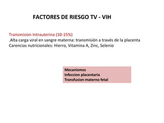 FACTORES DE RIESGO TV - VIH
Transmision Intrauterina (10-15%)
.Alta carga viral en sangre materna: transmisión a través de la placenta
Carencias nutricionales: Hierro, Vitamina A, Zinc, Selenio
Mecanismos
Infeccion placentaria
Transfusion materno fetal
 