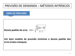 ERRO DE PREVISÃO
Desvio padrão do erro:
Um bom modelo de previsão minimiza o desvio padrão dos
erros (reduz estoque).
24
1
1
2
)(


 

N
SDE
N
t
t ee
PREVISÃO DE DEMANDA – MÉTODOS INTRÍSECOS
 