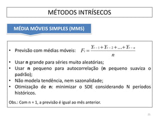 MÉDIA MÓVEIS SIMPLES (MMS)
• Previsão com médias móveis:
• Usar n grande para séries muito aleatórias;
• Usar n pequeno para autocorrelação (n pequeno suaviza o
padrão);
• Não modela tendência, nem sazonalidade;
• Otimização de n: minimizar o SDE considerando N períodos
históricos.
Obs.: Com n = 1, a previsão é igual ao mês anterior.
25
n
YYY
F
nttt
t
 

...21
MÉTODOS INTRÍSECOS
 