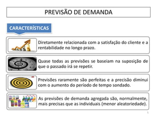 CARACTERÍSTICAS
PREVISÃO DE DEMANDA
Diretamente relacionada com a satisfação do cliente e a
rentabilidade no longo prazo.
Quase todas as previsões se baseiam na suposição de
que o passado irá se repetir.
Previsões raramente são perfeitas e a precisão diminui
com o aumento do período de tempo sondado.
As previsões de demanda agregada são, normalmente,
mais precisas que as individuais (menor aleatoriedade).
5
 