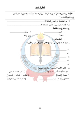 دى  طرة  
 شك ا رً لك أيتها الورقة على حسن استقبالك ، وترحيبك لقد قطعت مسافة طويلة حتى أصل 
إليك يا ورقة الشجر  
أ - من المتحدث فى العبارة السابقة ؟.................................................................................................. 
ب- كيف استقبلت ورقة الشجر المتحدث ؟........................................................................................ 
ج- استخرج من القطعة : 
١- اسم اً....................................... ٢- حرف اً....................................... 
٣- فعلاً ....................................... وبين نوعه....................................... 
18 
٤- أسلوب نداء . 
هـ- وضح الم ا رحل التى مرت بها قطرة الندى فى الرسم الآتى : 
....................................... -١ 
....................................... -٢ 
....................................... -٣ 
....................................... -٤ 
....................................... -٥ 
ب – تخير الإجابة الصحيحة مما بين القوسين : 
١- ( ما أجملك أيتها القطرة !) أسلوب .................................. ( تعجب – نداء - نهى ) 
٢- مضاد (العودة ) .................................. ( الوقوف – الذهاب – الجلوس ) 
٣- الذى يحرك السحاب .................................. ( الماء – الشمس – الهواء ) 
 