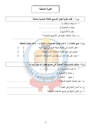 القرية المنتجة 
س ١-  ظلت القرية طوال الأسابيع الثلاثة الماضية منشغلة  
أ- ما م ا ردف ( ظلت ) .......................................... ، 
مضاد ( الماضية ) .......................................... ، 
مفرد ( الأسابيع ) ......................................... 
ب- بماذا انشغلت القرية فى الأسابيع الماضية ؟ 
..................................................................................................................................................................... 
أمام العبارة الخاطئة ( × ) س ٢- ضع علامة ( √ ) أمام العبارة الصحيحة و علامة 
- فشل الشباب فى تنشيط حركة البيع فى سوق القرية ( ) 
- يعرض فى سوق القرية ما تنتجة الأسر المنتجة ( ) 
- يجب على كل شاب أن يعمل فى المشروعات الصغيرة ( ) 
س ٣- يشتغل بالمشروعات الصغيرة التى تصبح بفضل الله كبيرة يوماً ما 
أ - ما مفرد ( المشروعات ) ...................................، 
و مضاد ( الصغيرة ) .................................... 
و جمع ( فضل ) ...................................... ؟ 
ب- عمن تتحدث العبارة السابقة ؟..................................................................................................................... 
ج- ما أساس النجاح فى الحياة ؟ ...................................................................................................................... 
د- من الذين شاركوا فى صنع المنتجات المحلية؟ 
................................................................................................................................................................................. 
32 
 