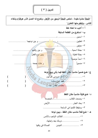 ( تمرين ( ٣ 
 النحلة حشرة مفيدة ، تمتص النحلة الرحيق من الأزهار، وتخرج لنا العسل الذى ه وغذاء وشفاء 
للناس ، ونتعلم منها التعاون 
49 
أ – أعرب ما تحته خط 
ب - استخرج من القطعة السابقة 
١- اسمين ..................................... ،..................................... 
٢- فعليين..................................... ، ..................................... و بين نوعهما ..................................... 
٣- حرفين .....................................،..................................... 
٤- جملة اسمية..................................... و بين ركنيها ..................................... 
٥- جملة فعلية..................................... ، وبين نوع الفعل ..................................... 
٦- اسماً موصولاً ..................................... 
٧- ضمي ا رً ..................................... و هات جمعه ..................................... 
ج- ضع ضمي ا رً مناسباً مكان النقط فيما يأتى وبين نوعه 
١-..................................... أذاكر دروسى كل يوم ( ) 
٢- .....................................يفهم شرح معلمه ( ) 
٣-..................................... معلمات تعلمن بجد ( ) 
د- ضع ظرفاً مناسباً مكان النقط 
١- وضعت الكتاب.....................................المنضدة 
٢- يمتد الجذر.................................................الأرض 
٣- يستيقظ التلميذ فى السابعة..................................... 
هـ - ضع فعلاً مناسب مكان النقط ، وبين نوعه 
١-.....................................الطالب الواجب بالأمس 
٢- .....................................درسك بجد واجتهاد 
٣- .....................................المؤمن الصلاة فى وقتها 
 
