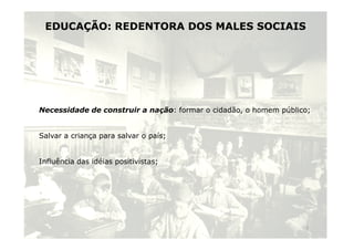 EDUCAÇÃO: REDENTORA DOS MALES SOCIAIS 
Necessidade de construir a nação: formar o cidadão, o homem público; 
Salvar a criança para salvar o país; 
Influência das idéias positivistas; 
7 
 